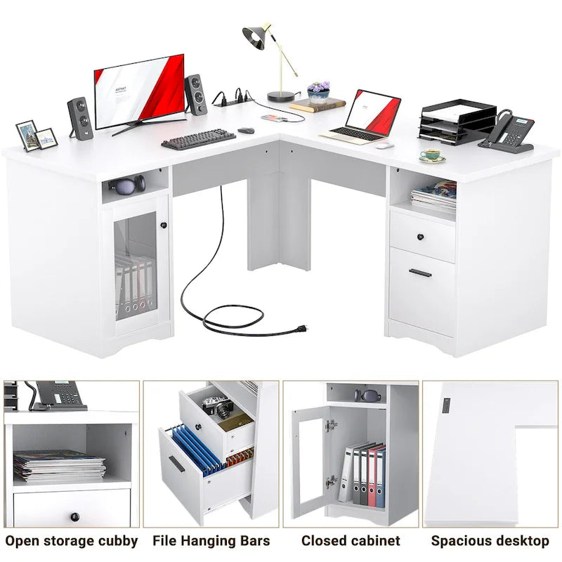 Bureau d'angle en L de style ferme moderne avec classeur et tiroirs, bureau de direction avec station de recharge