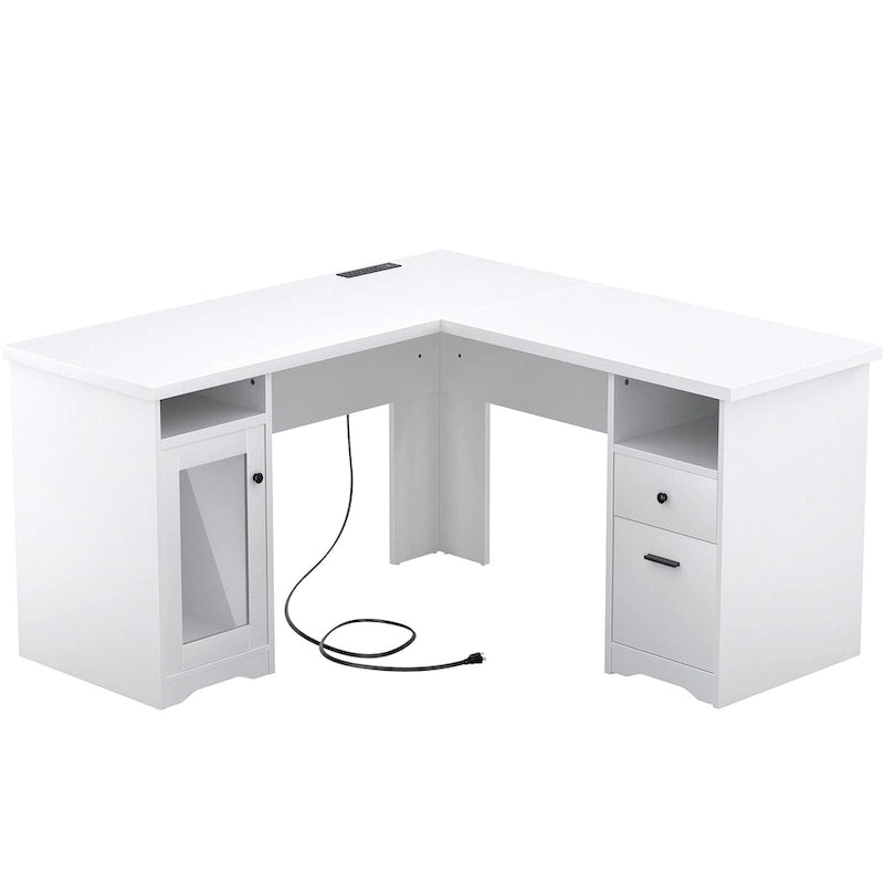 Bureau d'angle en L de style ferme moderne avec classeur et tiroirs, bureau de direction avec station de recharge