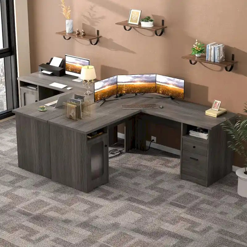 Bureau d'angle en L de style ferme moderne avec classeur et tiroirs, bureau de direction avec station de recharge
