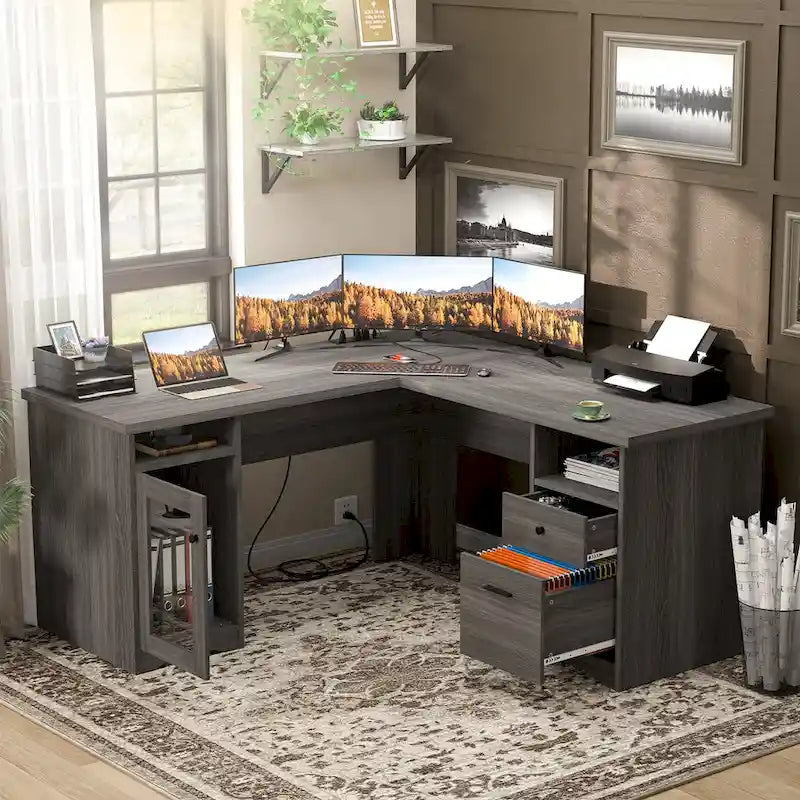 Bureau d'angle en L de style ferme moderne avec classeur et tiroirs, bureau de direction avec station de recharge