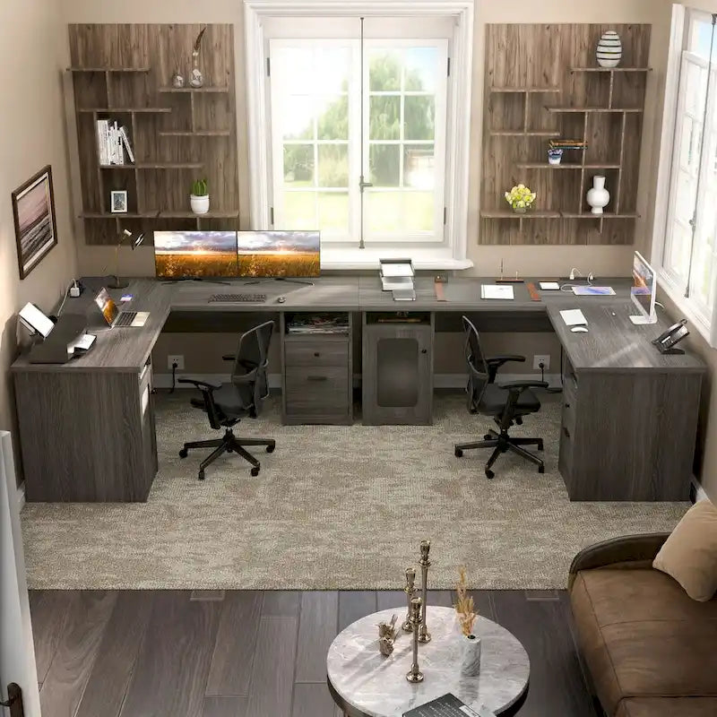 Bureau d'angle en L de style ferme moderne avec classeur et tiroirs, bureau de direction avec station de recharge