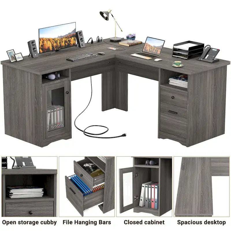 Bureau d'angle en L de style ferme moderne avec classeur et tiroirs, bureau de direction avec station de recharge