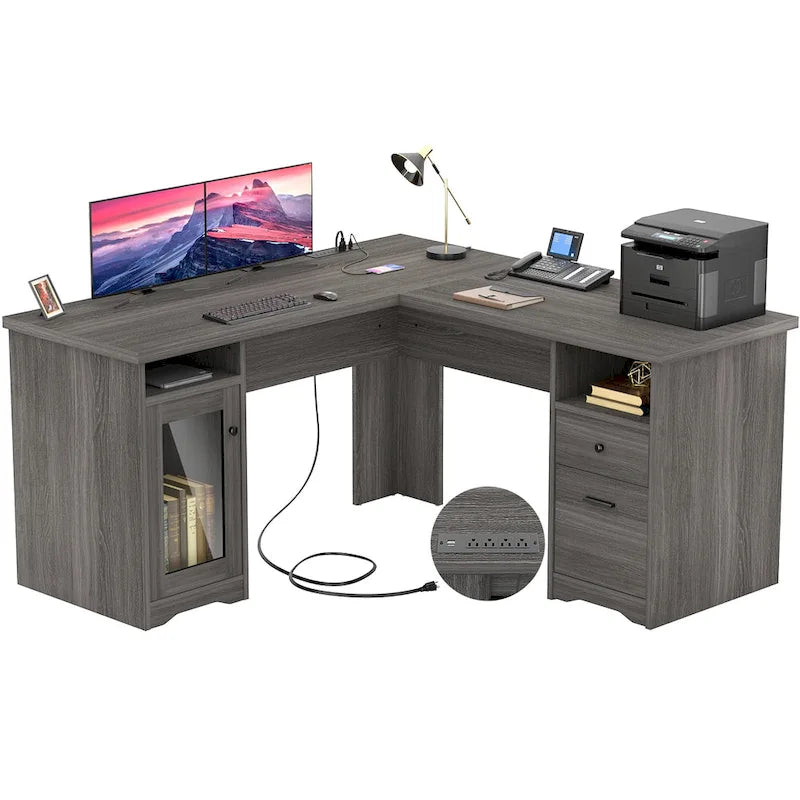 Bureau d'angle en L de style ferme moderne avec classeur et tiroirs, bureau de direction avec station de recharge