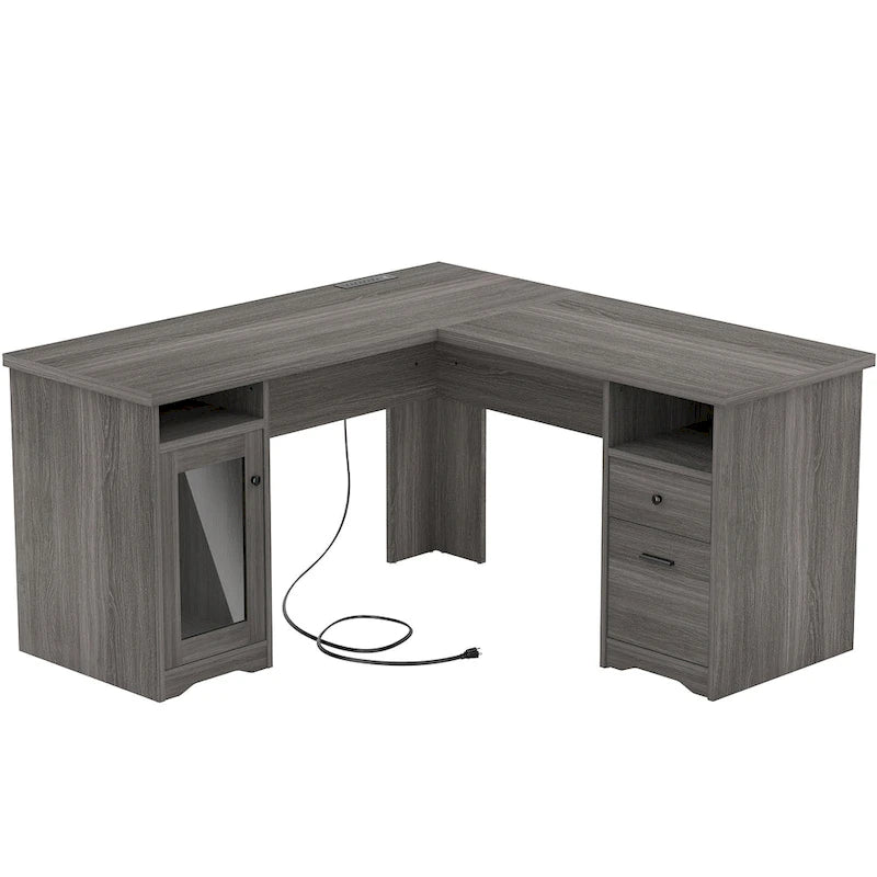 Bureau d'angle en L de style ferme moderne avec classeur et tiroirs, bureau de direction avec station de recharge