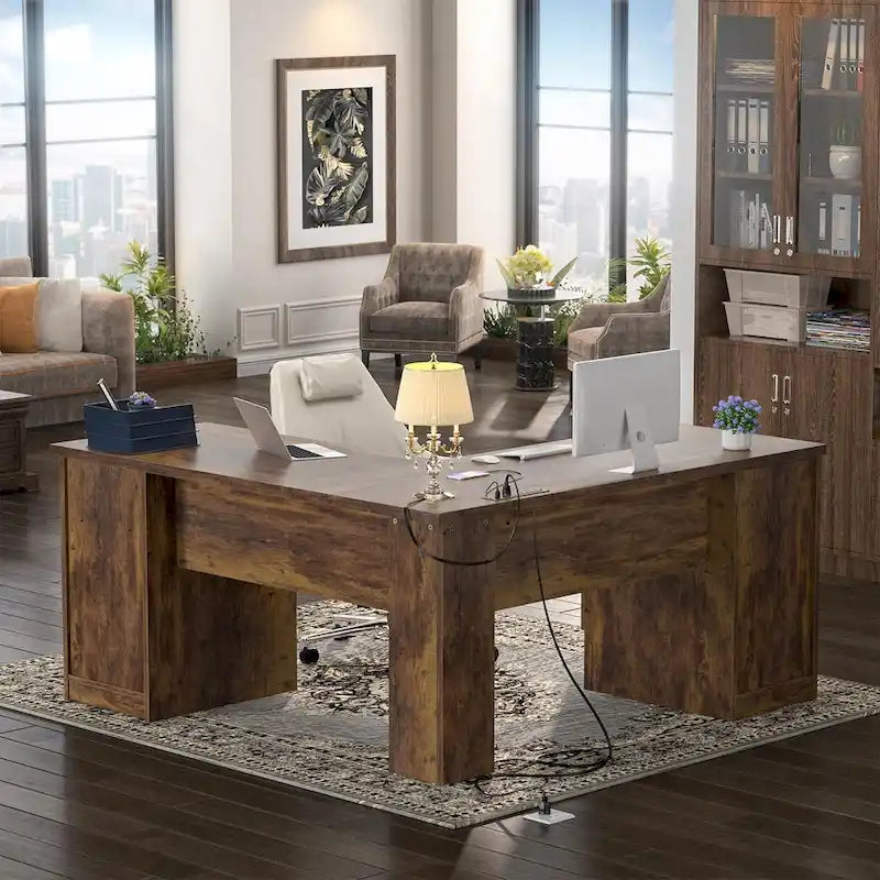Bureau d'angle en L de style ferme moderne avec classeur et tiroirs, bureau de direction avec station de recharge
