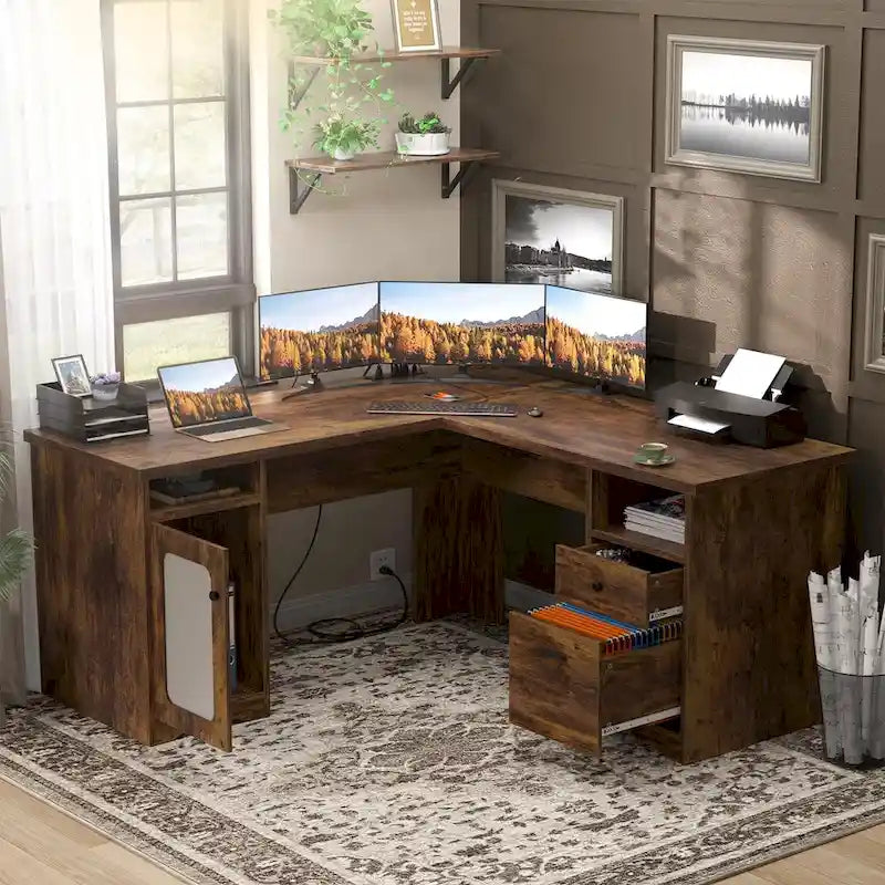 Bureau d'angle en L de style ferme moderne avec classeur et tiroirs, bureau de direction avec station de recharge
