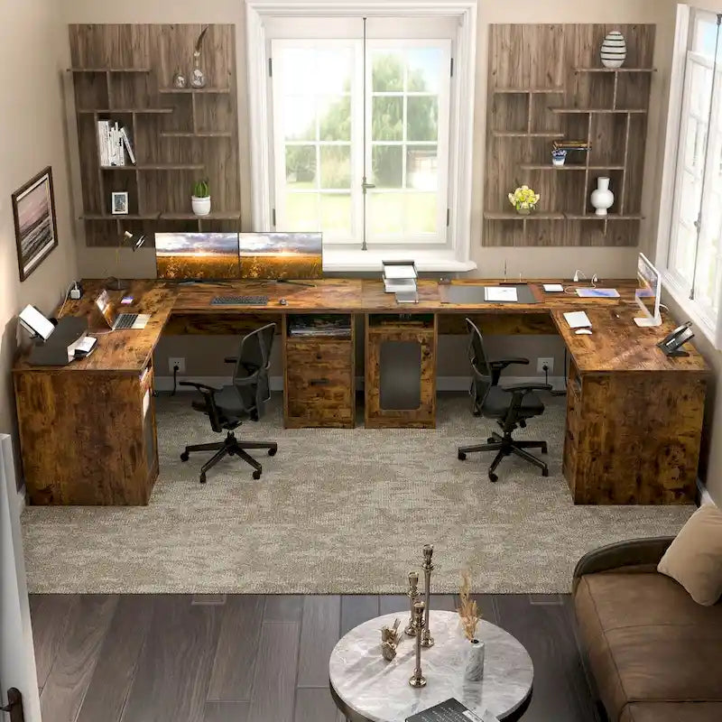 Bureau d'angle en L de style ferme moderne avec classeur et tiroirs, bureau de direction avec station de recharge