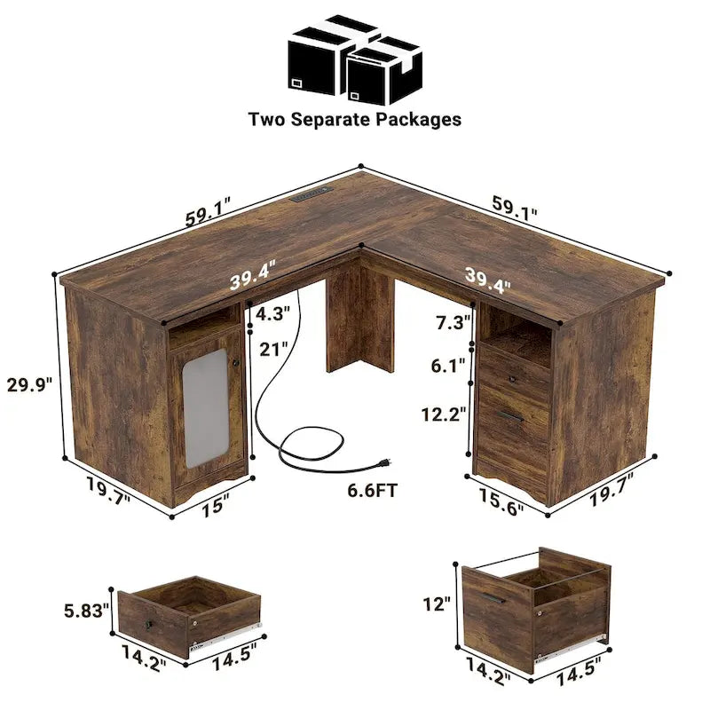 Bureau d'angle en L de style ferme moderne avec classeur et tiroirs, bureau de direction avec station de recharge