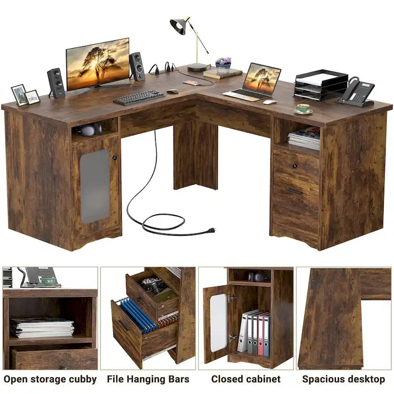 Bureau d'angle en L de style ferme moderne avec classeur et tiroirs, bureau de direction avec station de recharge
