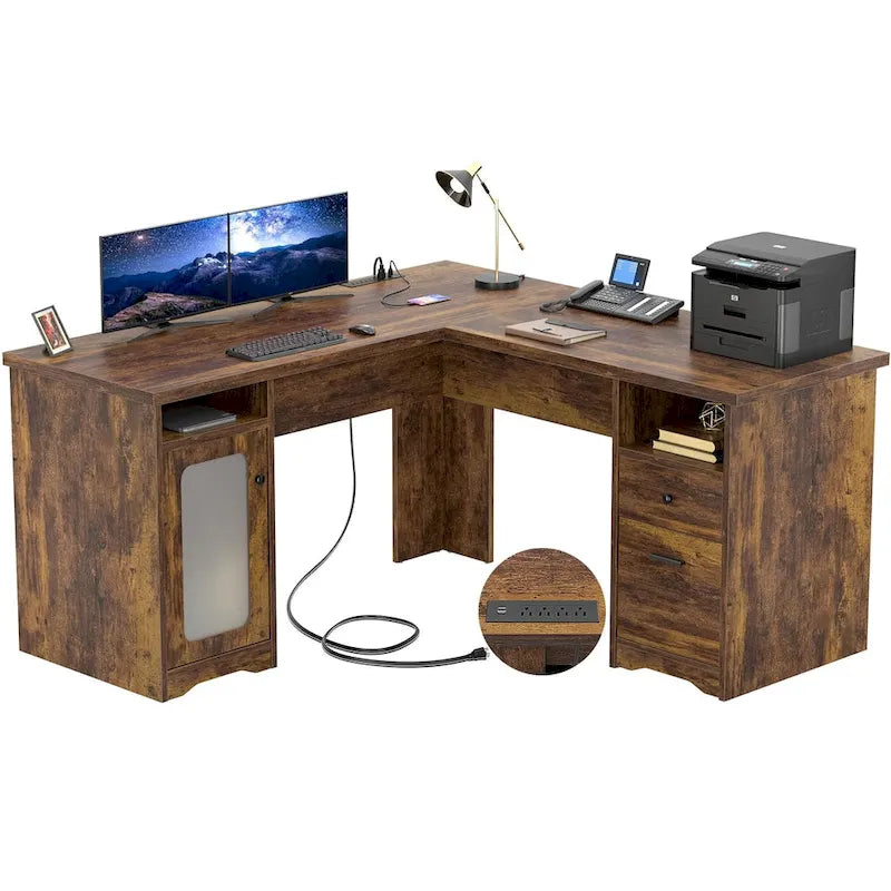 Bureau d'angle en L de style ferme moderne avec classeur et tiroirs, bureau de direction avec station de recharge