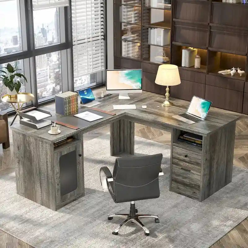 Bureau d'angle en L de style ferme moderne avec classeur et tiroirs, bureau de direction avec station de recharge