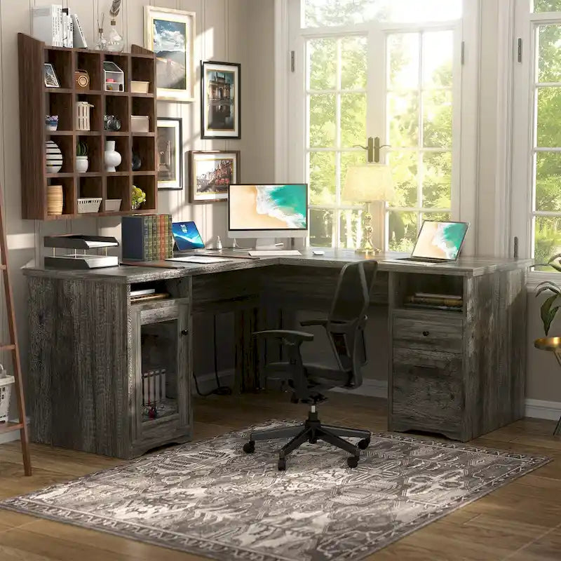 Bureau d'angle en L de style ferme moderne avec classeur et tiroirs, bureau de direction avec station de recharge