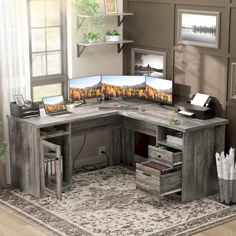 Bureau d'angle en L de style ferme moderne avec classeur et tiroirs, bureau de direction avec station de recharge