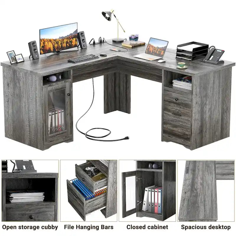 Bureau d'angle en L de style ferme moderne avec classeur et tiroirs, bureau de direction avec station de recharge