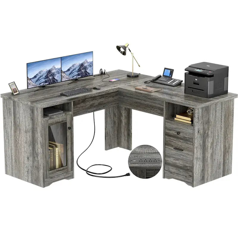 Bureau d'angle en L de style ferme moderne avec classeur et tiroirs, bureau de direction avec station de recharge