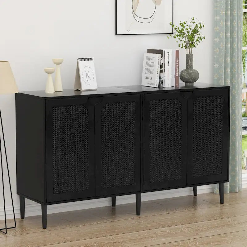 Bahut Noir en Rotin à 4 Portes, Buffet Moderne avec Étagère Réglable - 160 cm (L) x 40 cm (P) x 90 cm (H)
