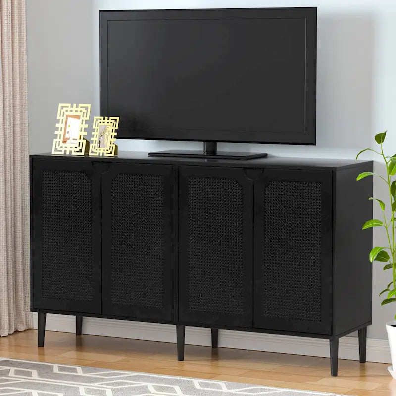 Bahut Noir en Rotin à 4 Portes, Buffet Moderne avec Étagère Réglable - 160 cm (L) x 40 cm (P) x 90 cm (H)