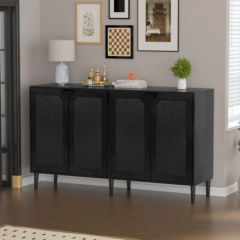 Bahut Noir en Rotin à 4 Portes, Buffet Moderne avec Étagère Réglable - 160 cm (L) x 40 cm (P) x 90 cm (H)