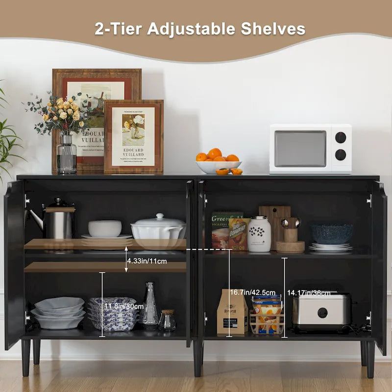 Bahut Noir en Rotin à 4 Portes, Buffet Moderne avec Étagère Réglable - 160 cm (L) x 40 cm (P) x 90 cm (H)