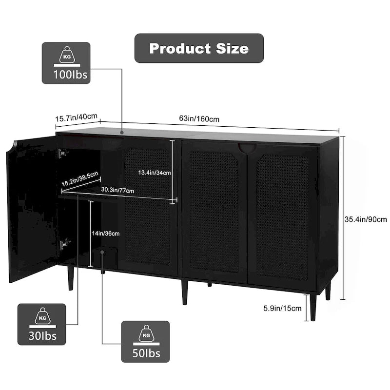 Bahut Noir en Rotin à 4 Portes, Buffet Moderne avec Étagère Réglable - 160 cm (L) x 40 cm (P) x 90 cm (H)