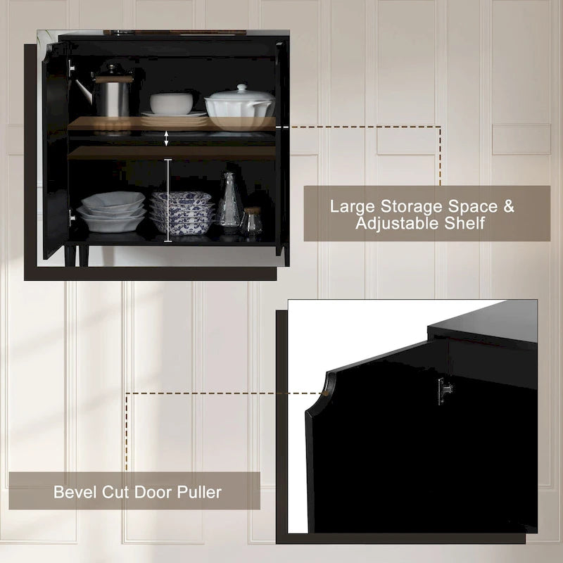 Bahut Noir en Rotin à 4 Portes, Buffet Moderne avec Étagère Réglable - 160 cm (L) x 40 cm (P) x 90 cm (H)