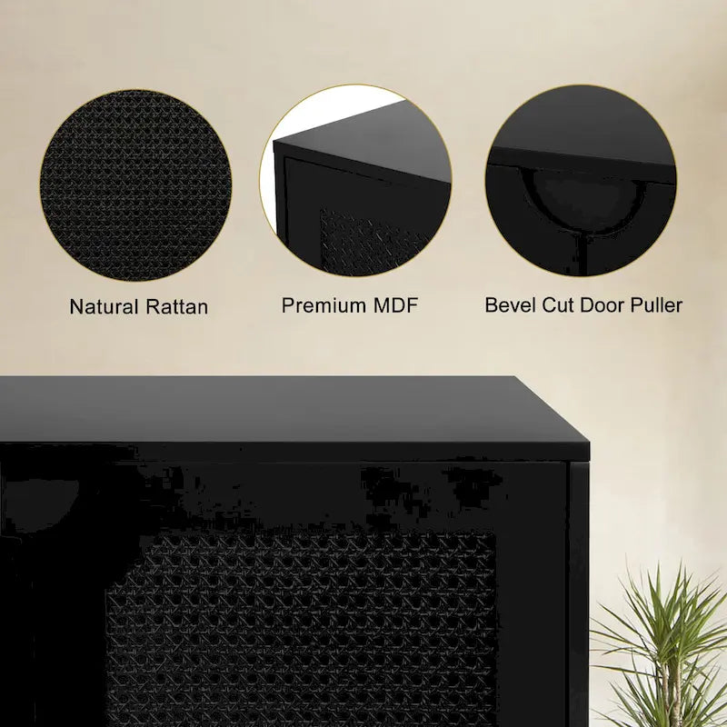 Bahut Noir en Rotin à 4 Portes, Buffet Moderne avec Étagère Réglable - 160 cm (L) x 40 cm (P) x 90 cm (H)