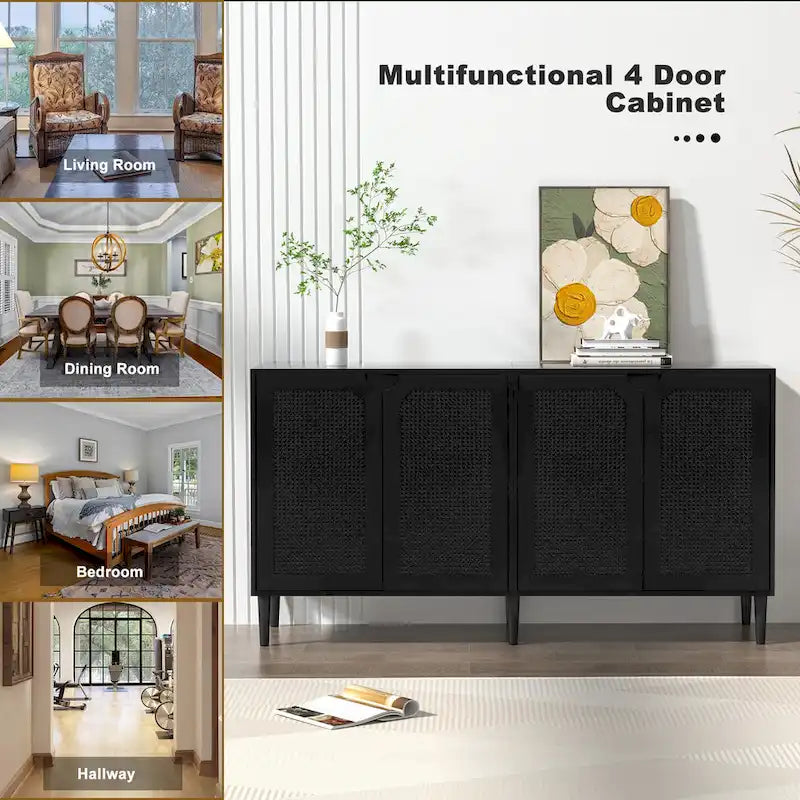Bahut Noir en Rotin à 4 Portes, Buffet Moderne avec Étagère Réglable - 160 cm (L) x 40 cm (P) x 90 cm (H)