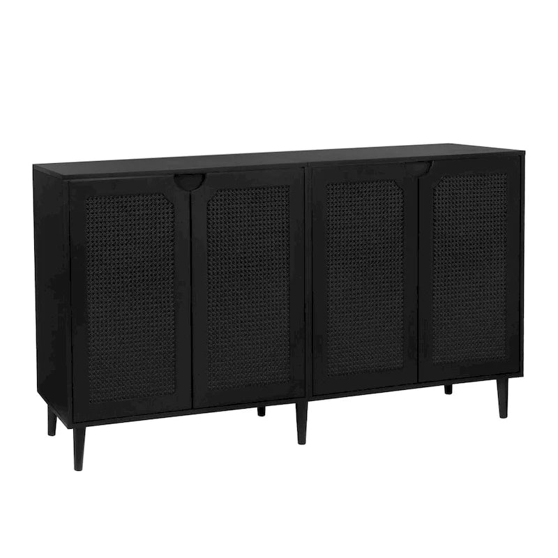 Bahut Noir en Rotin à 4 Portes, Buffet Moderne avec Étagère Réglable - 160 cm (L) x 40 cm (P) x 90 cm (H)