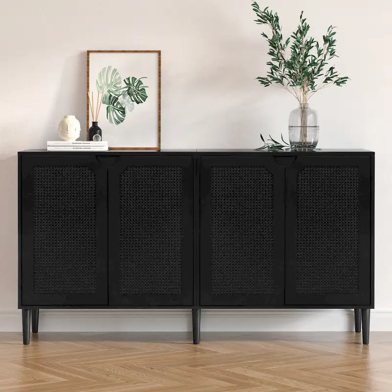 Bahut Noir en Rotin à 4 Portes, Buffet Moderne avec Étagère Réglable - 160 cm (L) x 40 cm (P) x 90 cm (H)