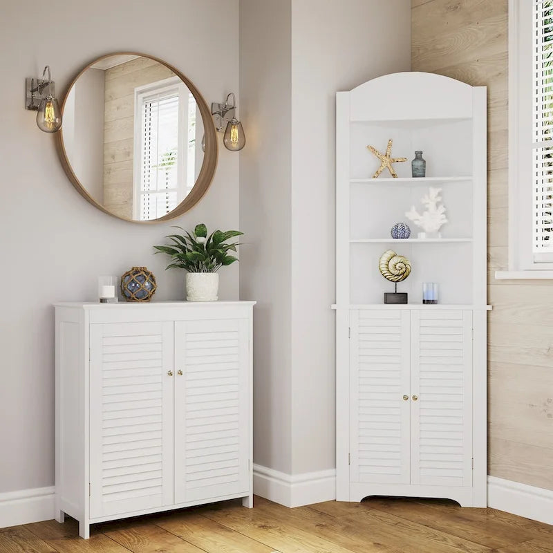 Meuble de rangement au sol avec portes et étagères réglables pour salle de bain et buanderie - Blanc