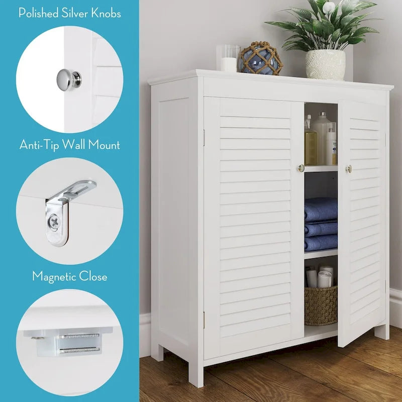 Meuble de rangement au sol avec portes et étagères réglables pour salle de bain et buanderie - Blanc