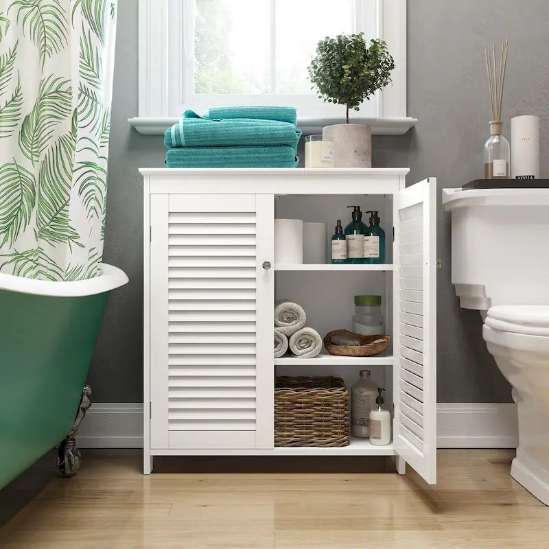 Meuble de rangement au sol avec portes et étagères réglables pour salle de bain et buanderie - Blanc