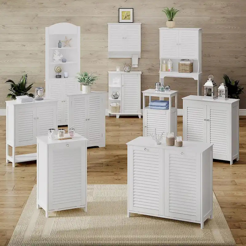 Meuble de rangement au sol avec portes et étagères réglables pour salle de bain et buanderie - Blanc