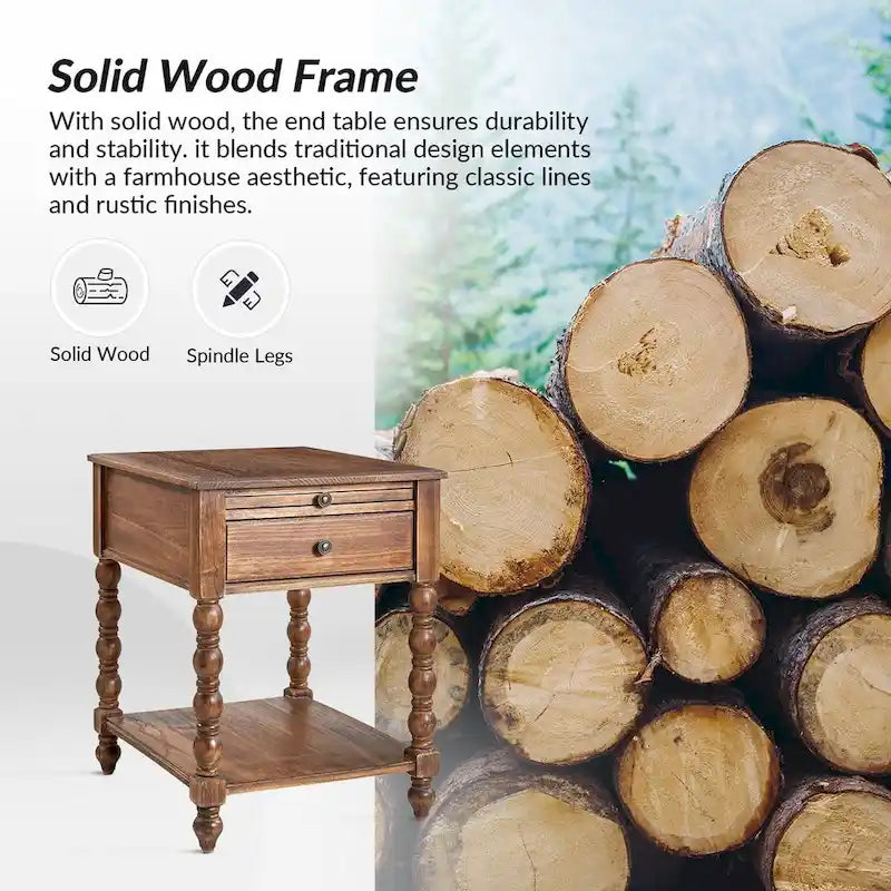 Table d'appoint traditionnelle 26" de haut en bois massif avec port USB