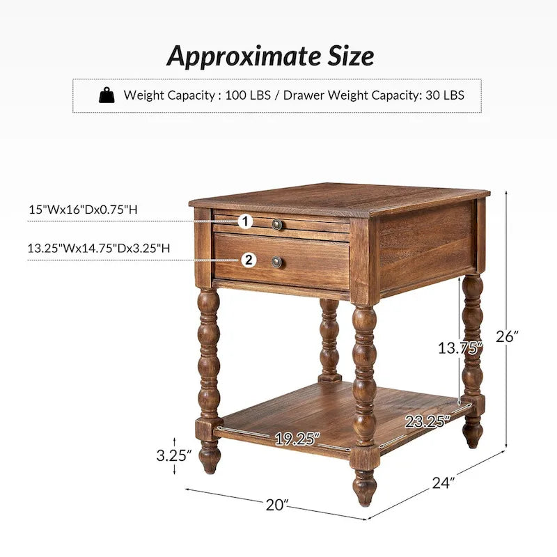 Table d'appoint traditionnelle 26" de haut en bois massif avec port USB