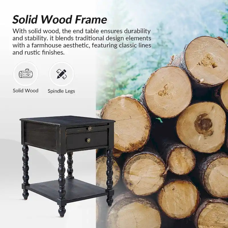 Table d'appoint traditionnelle 26" de haut en bois massif avec port USB