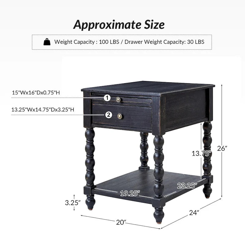 Table d'appoint traditionnelle 26" de haut en bois massif avec port USB